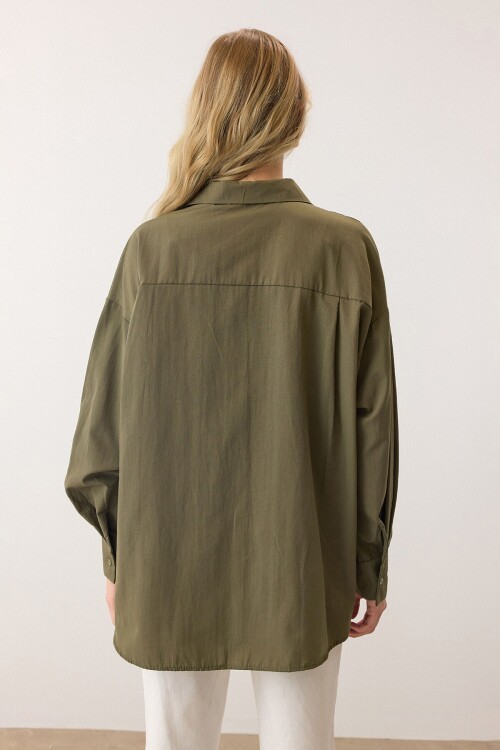 Haki Uzun Kollu Oversize Poplin Gömlek BCRU-261305