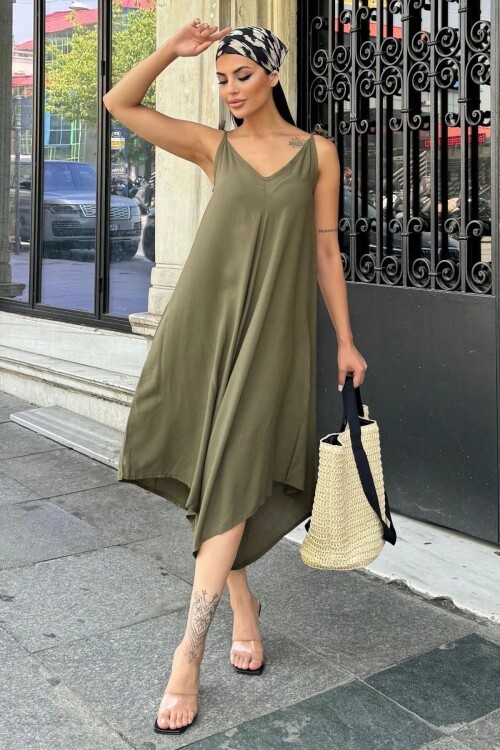 Haki V Yaka Kolsuz Elbise