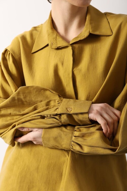 Hardal Balon Kol Gizli Patlı Dokuma Gömlek BCRY-261276