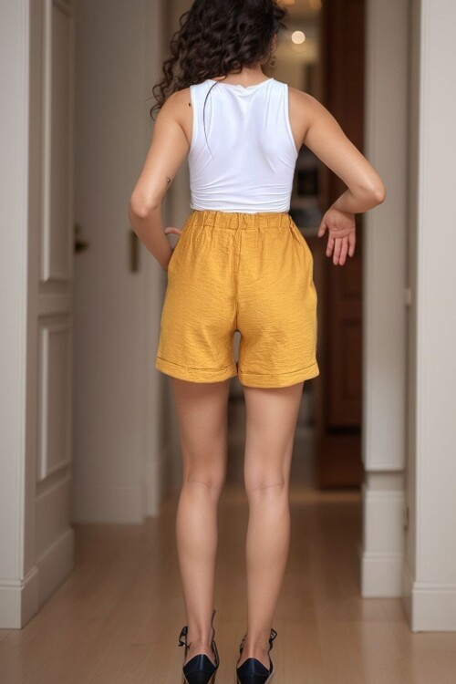 Hardal Beli Lastikli Duble Paça Keten Şort