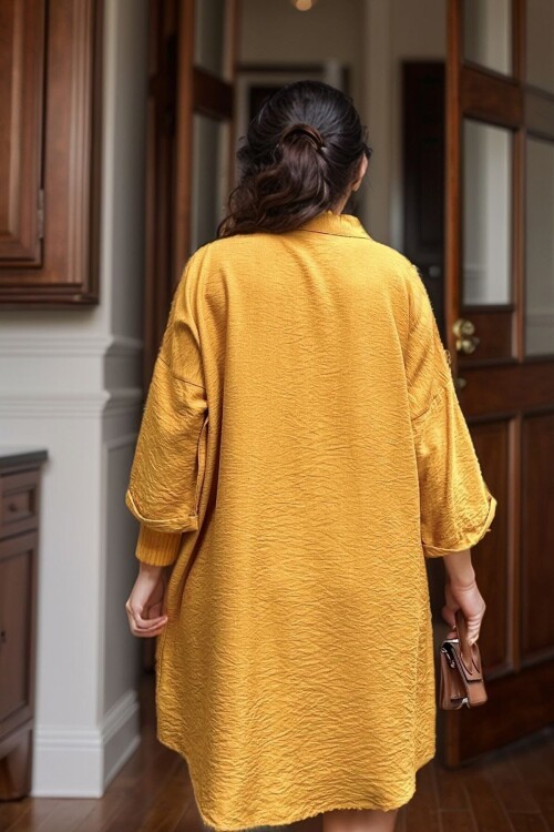 Hardal Keten Görünümlü Truvakar Kol Salaş Gömlek Elbise