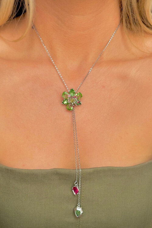 Idyllia Kolye Yeşil Çiçek Asansörlü Y Kolye Silver BCYJ-251027
