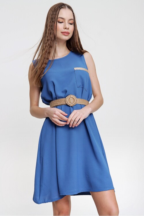 İndigo Cebi Hasır Detaylı A Kesim Airobin Elbise