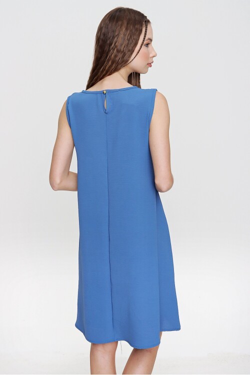 İndigo Cebi Hasır Detaylı A Kesim Airobin Elbise