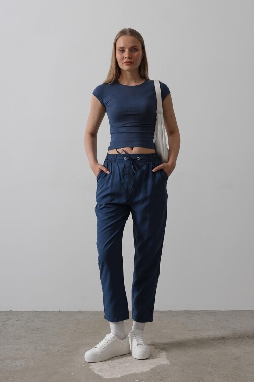 İndigo Çift Cepli Beli Lastikli Bağlama Detaylı Pantolon BCRY-261289