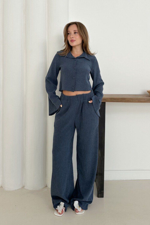 İndigo Düğme Detaylı Bluz Ve Salaş Pantolon Alt Üst Örme Kumaş Takım BCHN-254000