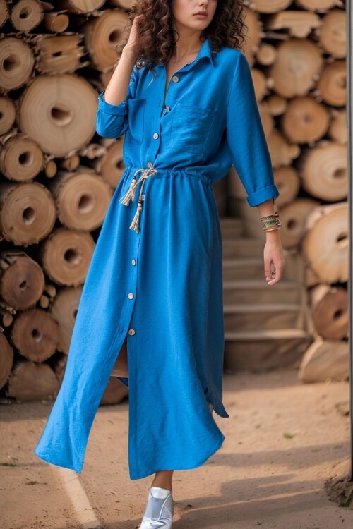 İndigo Keten Beli Büzgülü Hasır Kemerli Gömlek Elbise