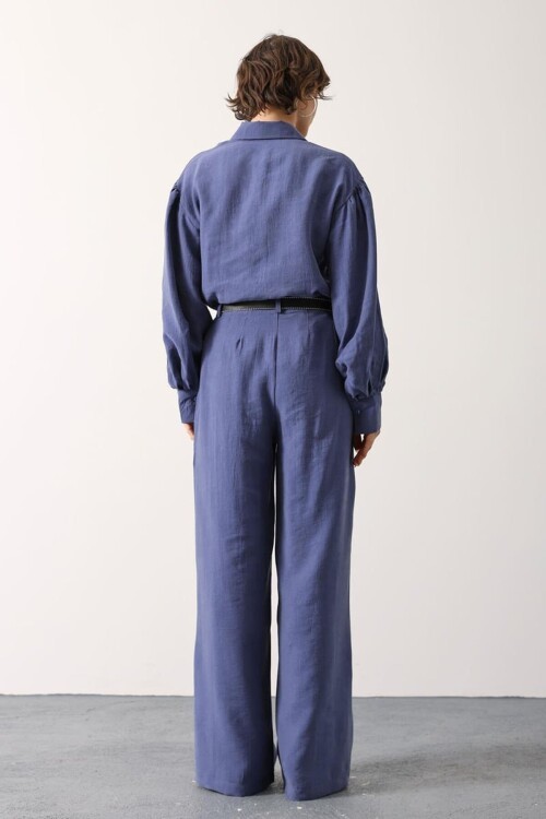 İndigo Pileli Çift Cepli Kemerli Palazzo Pantolon BCRY-261283