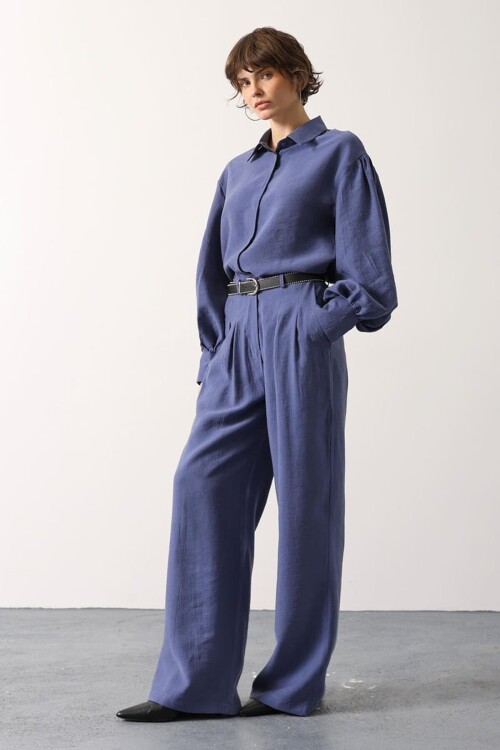 İndigo Pileli Çift Cepli Kemerli Palazzo Pantolon BCRY-261283