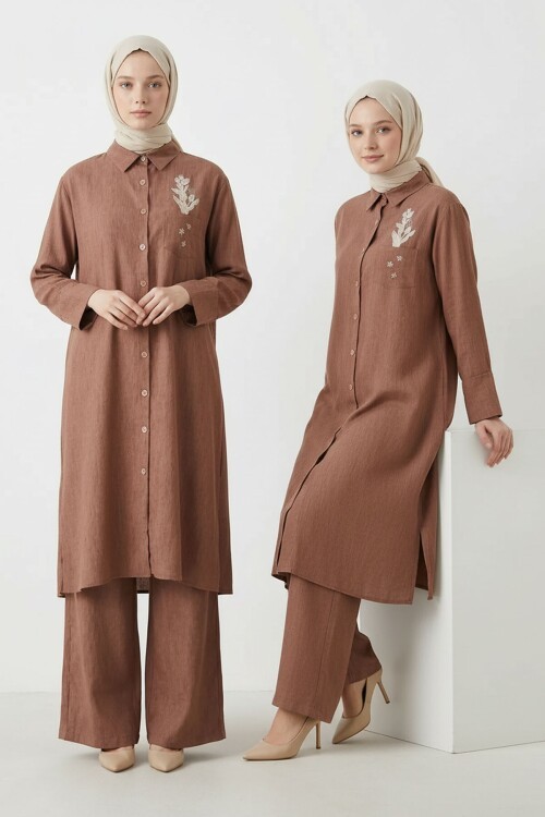 Koyu Kahve Nakış Detaylı Tensel Tesettür Alt Üst Takım