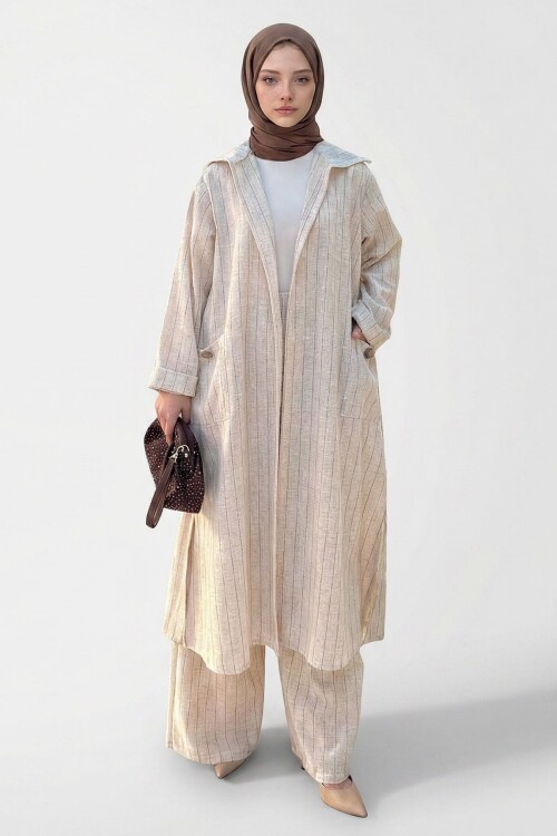 Kahve Alaçatı Keten Kapüşonlu Çizgili Tesettür Alt Üst Takım