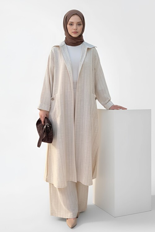 Kahve Alaçatı Keten Kapüşonlu Çizgili Tesettür Alt Üst Takım