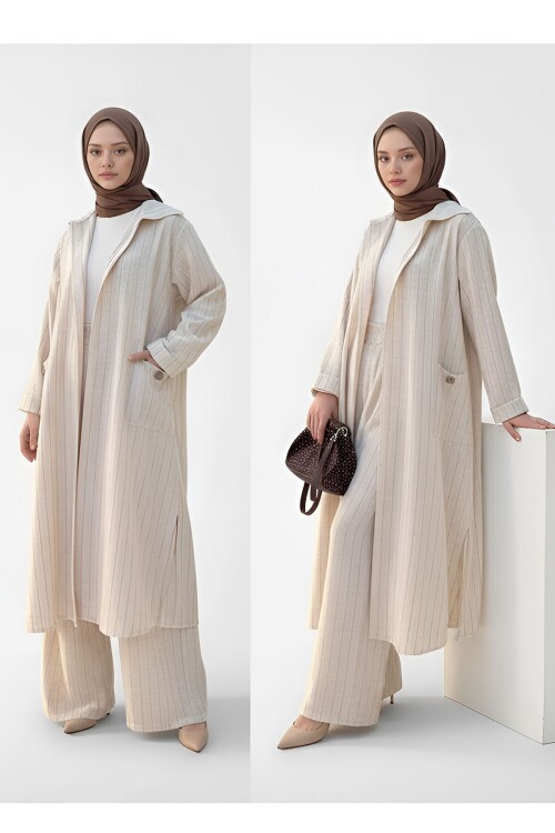 Kahve Alaçatı Keten Kapüşonlu Çizgili Tesettür Alt Üst Takım