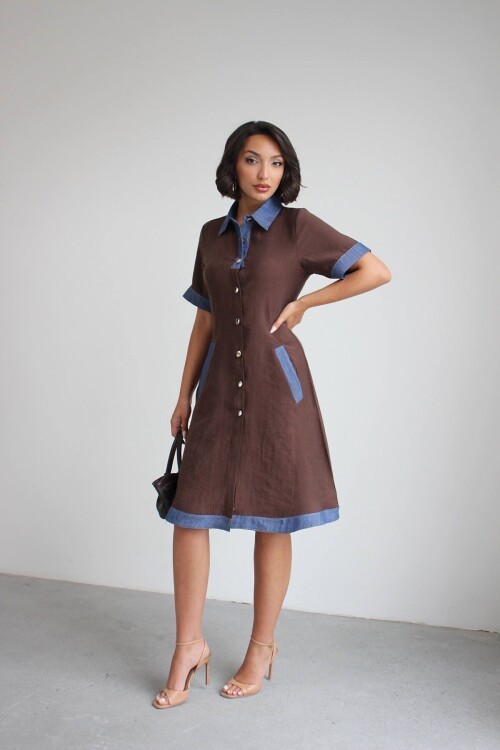 Kahve Denim Garnili Düğmeli Tensel Dokuma Elbise BCHN-2526114