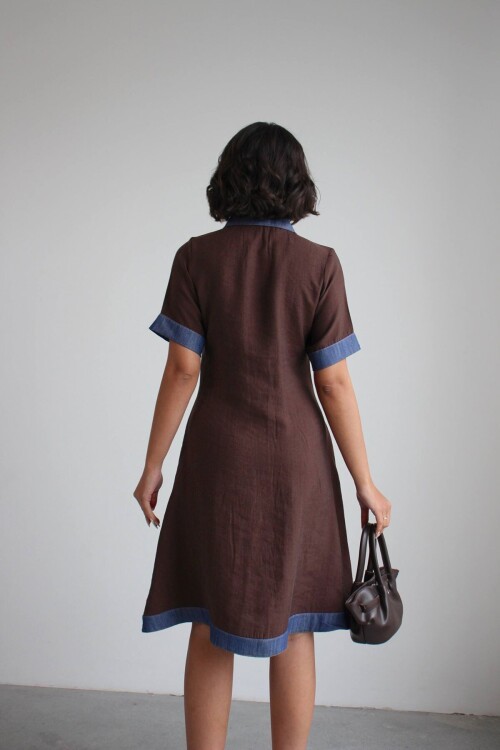 Kahve Denim Garnili Düğmeli Tensel Dokuma Elbise BCHN-2526114