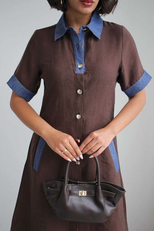 Kahve Denim Garnili Düğmeli Tensel Dokuma Elbise BCHN-2526114