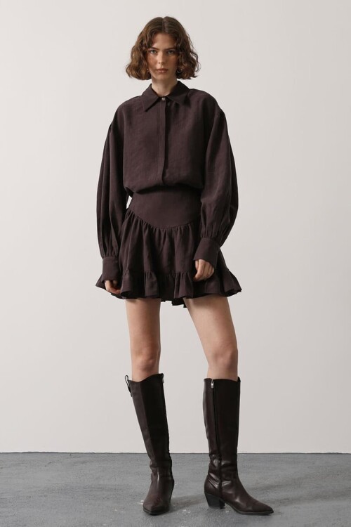 Kahve Katlı Volanlı Mini Etek BCRY-261272