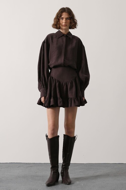 Kahve Katlı Volanlı Mini Etek BCRY-261272