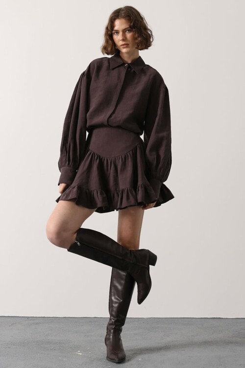 Kahve Katlı Volanlı Mini Etek BCRY-261272