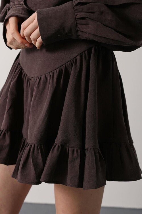 Kahve Katlı Volanlı Mini Etek BCRY-261272