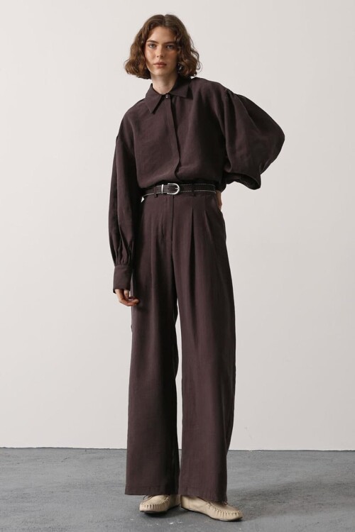 Kahve Pileli Çift Cepli Kemerli Palazzo Pantolon BCRY-261283