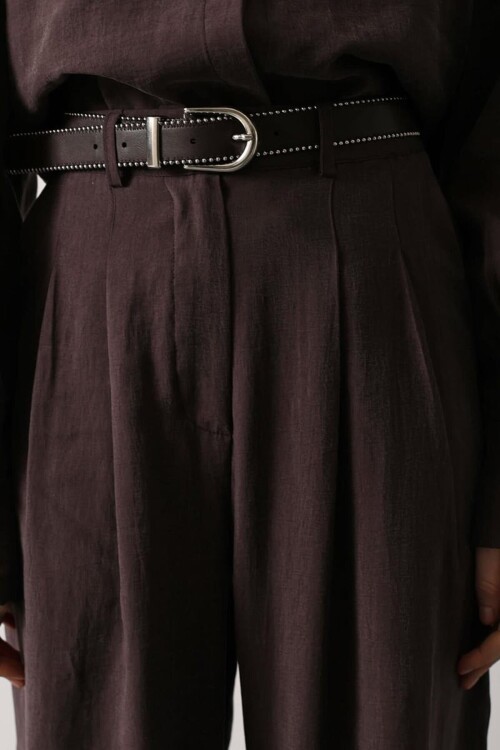 Kahve Pileli Çift Cepli Kemerli Palazzo Pantolon BCRY-261283