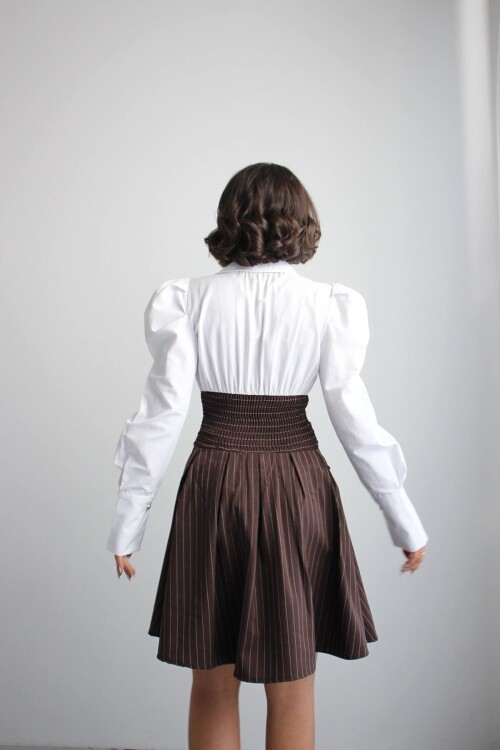 Kahve Pileli Çizgili Dokuma Gömlek Elbise BCHN-2526115