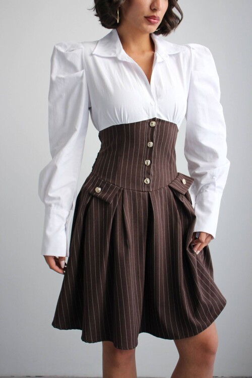 Kahve Pileli Çizgili Dokuma Gömlek Elbise BCHN-2526115