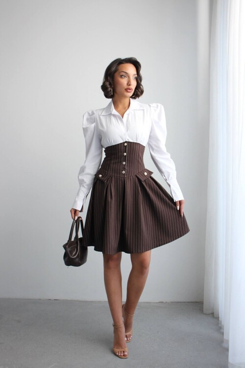 Kahve Pileli Çizgili Dokuma Gömlek Elbise BCHN-2526115