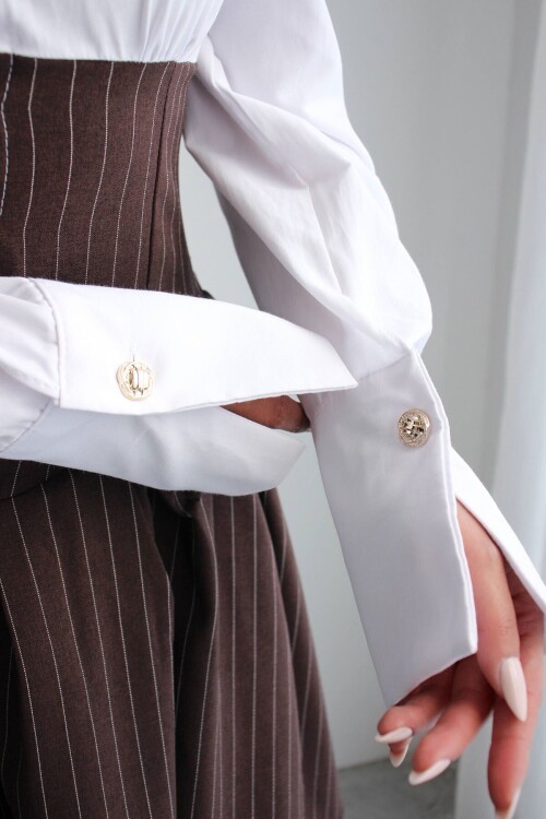 Kahve Pileli Çizgili Dokuma Gömlek Elbise BCHN-2526115