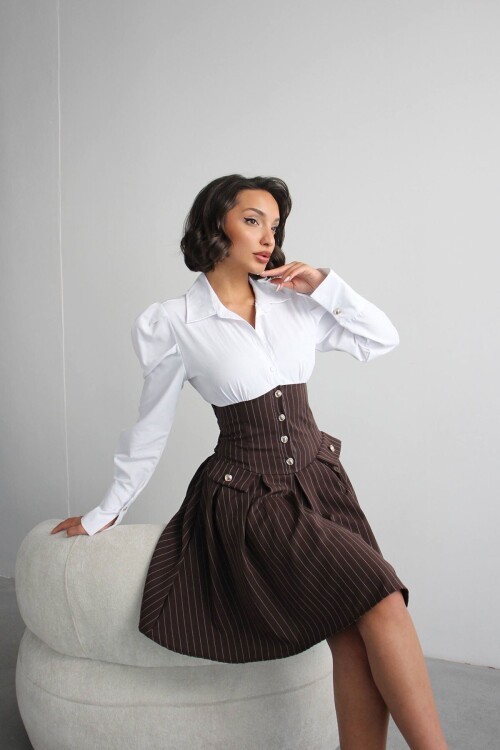 Kahve Pileli Çizgili Dokuma Gömlek Elbise BCHN-2526115