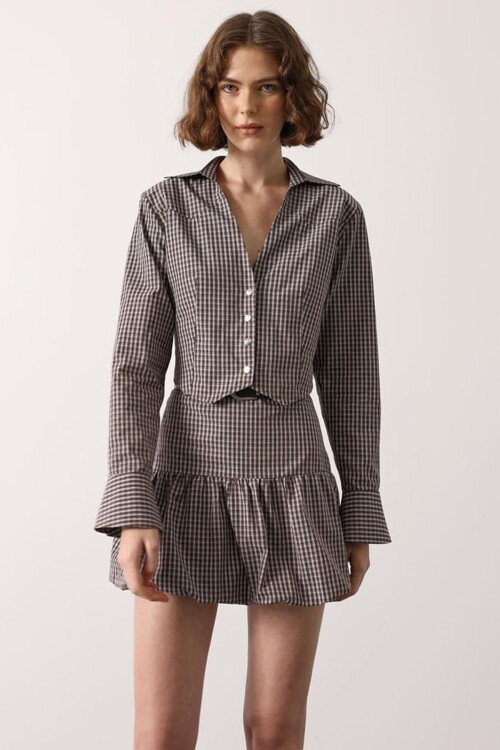 Kahve Pötikare Desenli Fit Gömlek BCRY-261281