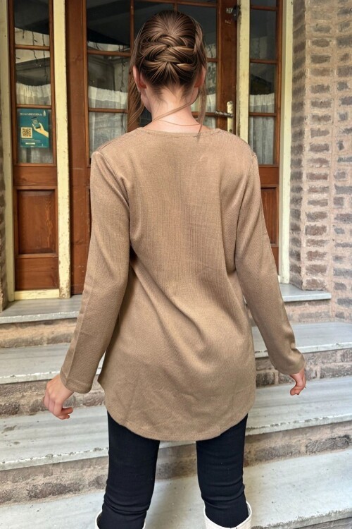 Kahve Şal Yaka Asimetrik Kesim Düğmeli Salaş Hırka