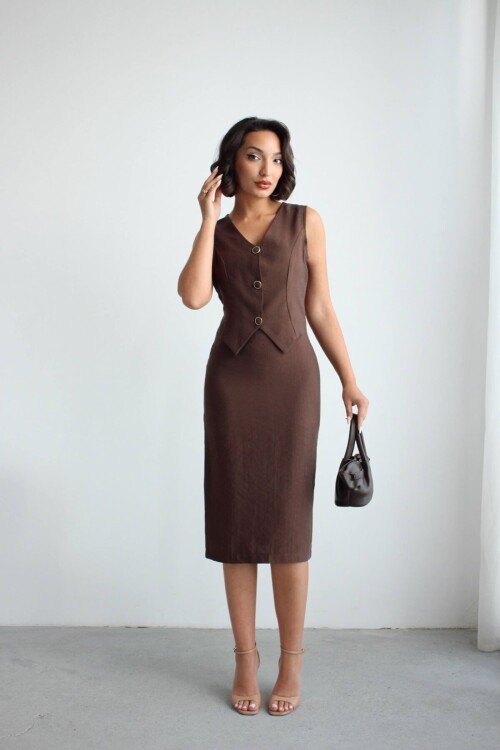 Kahve Tensel Kumaş Yelekli Model Elbise BCHN-2526108