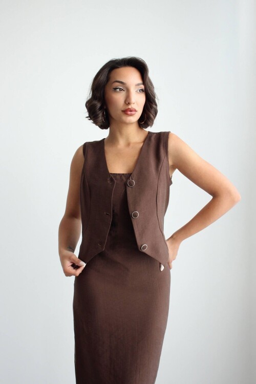Kahve Tensel Kumaş Yelekli Model Elbise BCHN-2526108