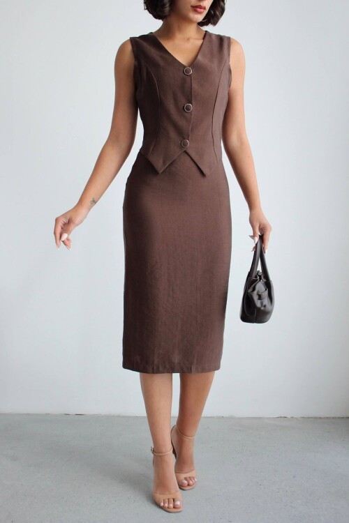 Kahve Tensel Kumaş Yelekli Model Elbise BCHN-2526108