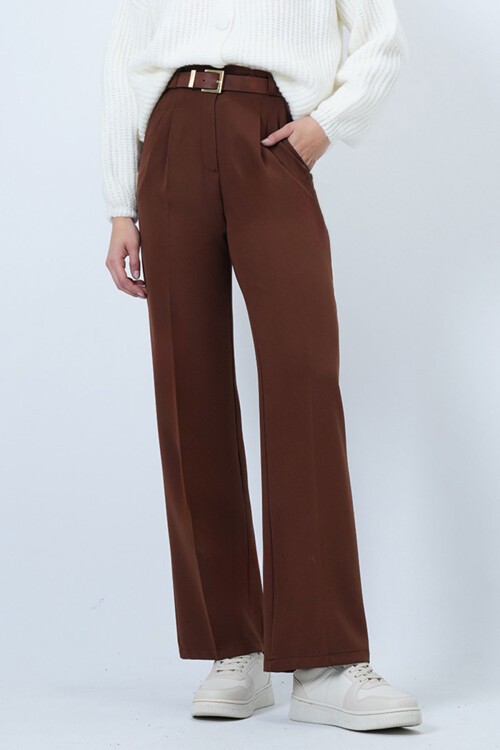 Kahverengi Beli Lastikli Düğme Kapamalı Çift Cepli Pantolon BCHAV-251229