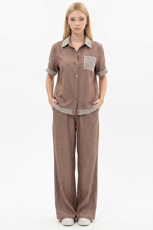 Kahverengi File Detaylı Tensel Kot Kumaş Gömlek Ve Pantolon Alt Üst Takım BCHN-2626109
