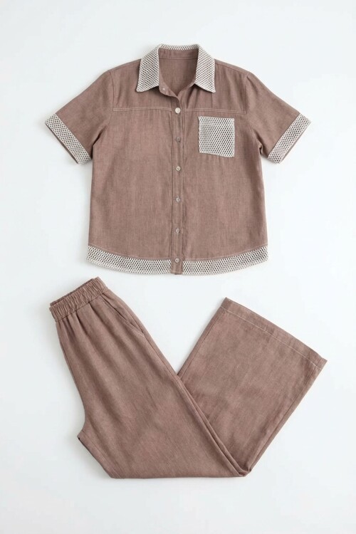 Kahverengi File Detaylı Tensel Kot Kumaş Gömlek Ve Pantolon Alt Üst Takım BCHN-2626109