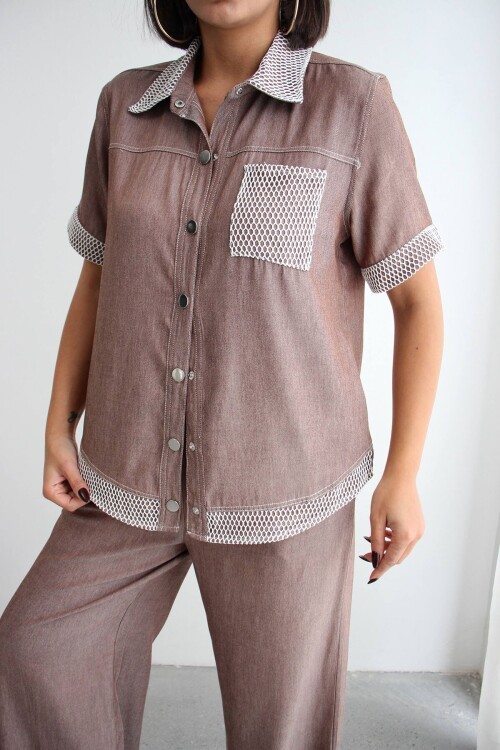 Kahverengi File Detaylı Tensel Kot Kumaş Gömlek Ve Pantolon Alt Üst Takım BCHN-2626109