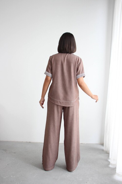Kahverengi File Detaylı Tensel Kot Kumaş Gömlek Ve Pantolon Alt Üst Takım BCHN-2626109