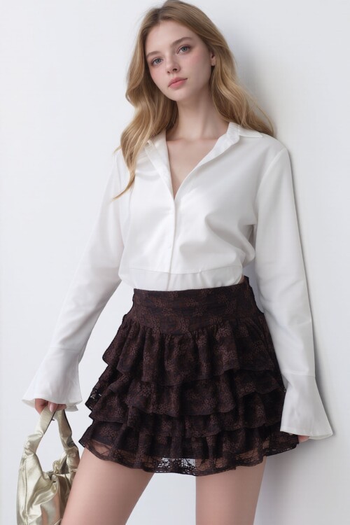 Kahverengi Gizli Fermuarlı Kat Kat Volanlı Astarlı Dantel Etek BCMM-261285