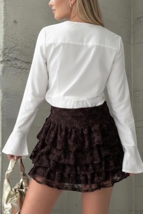 Kahverengi Gizli Fermuarlı Kat Kat Volanlı Astarlı Dantel Etek BCMM-261285