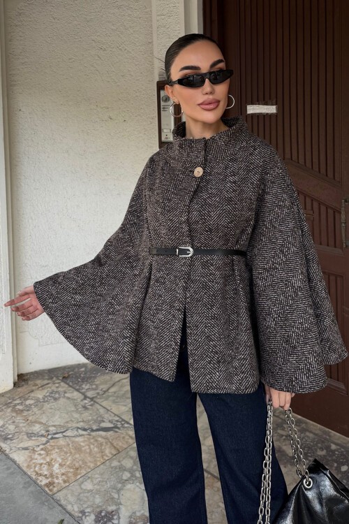 Kahverengi Kemer Detaylı Kaşe Pelerin Kaban BCHNV-251224