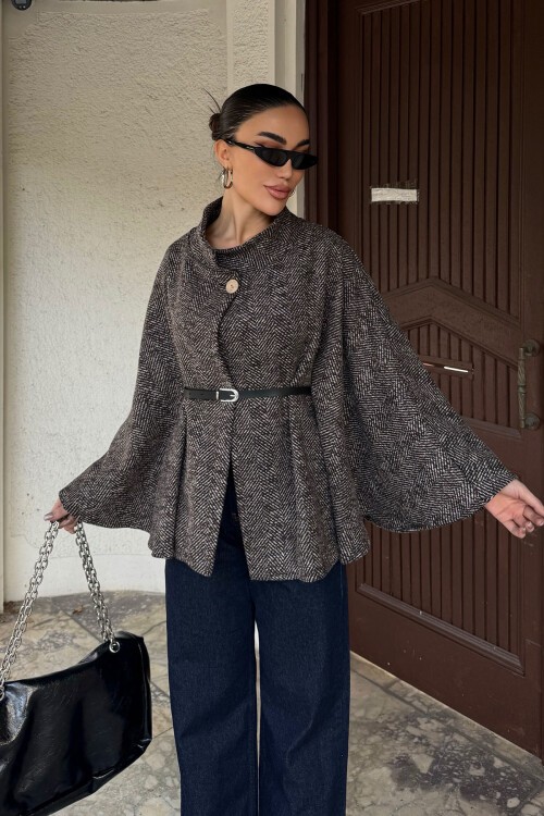 Kahverengi Kemer Detaylı Kaşe Pelerin Kaban BCHNV-251224