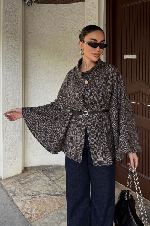 Kahverengi Kemer Detaylı Kaşe Pelerin Kaban BCHNV-251224