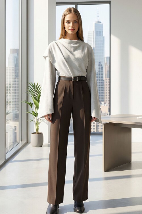 Kahverengi Kemerli Düğme Kapamalı Çift Cepli Palazzo Pantolon BCHAV-251230