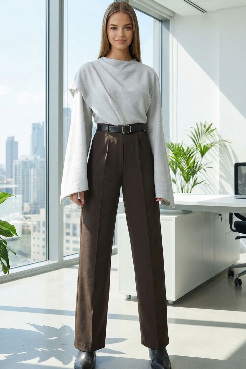Kahverengi Kemerli Düğme Kapamalı Çift Cepli Palazzo Pantolon BCHAV-251230
