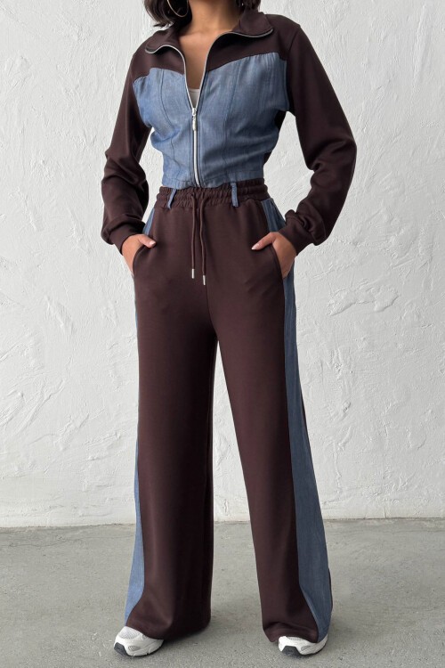 Kahverengi Kot Kumaş Garnili Yumuşak Dokulu Pantolon Ceket Takım BCHN-25261021