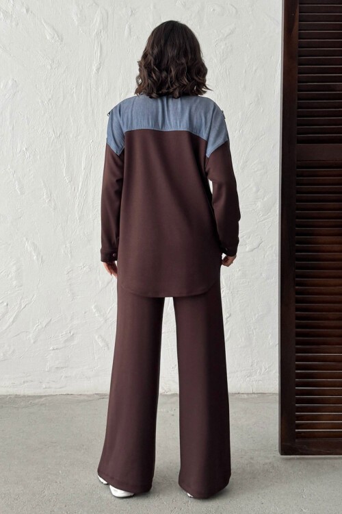 Kahverengi Kot Kumaş Garnili Yumuşak Dokulu Pantolon Gömlek Takım BCHN-25261022